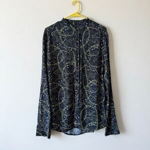 LIVE 978 Made in Italy Chain Print Viscose‎ Band Collar Shirt Black Gold XXL